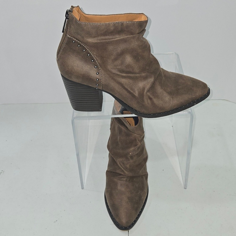 L4L Halo Womens 8.5 Taupe Brown Studded Slouchy Ankle Booties Block Heel Zip Up‎